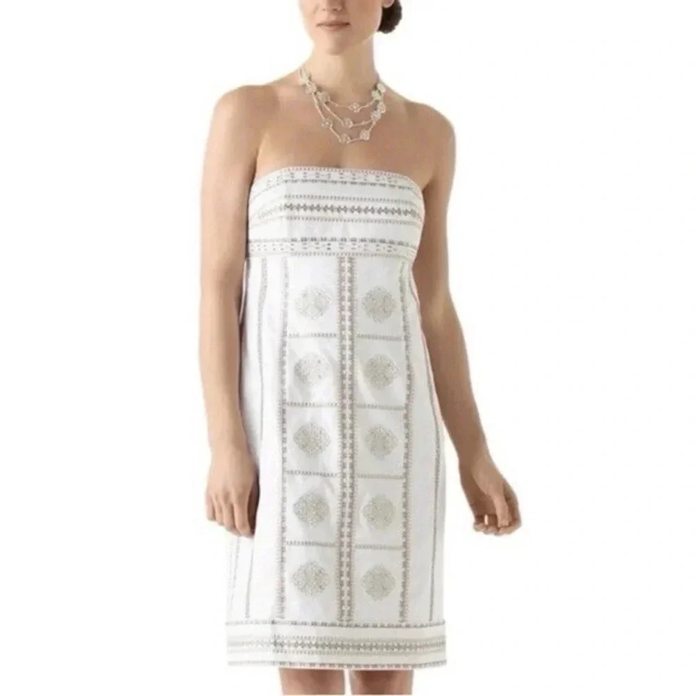White House Black Market White Strapless Dress Gold & Silver Beading Size 2 XS